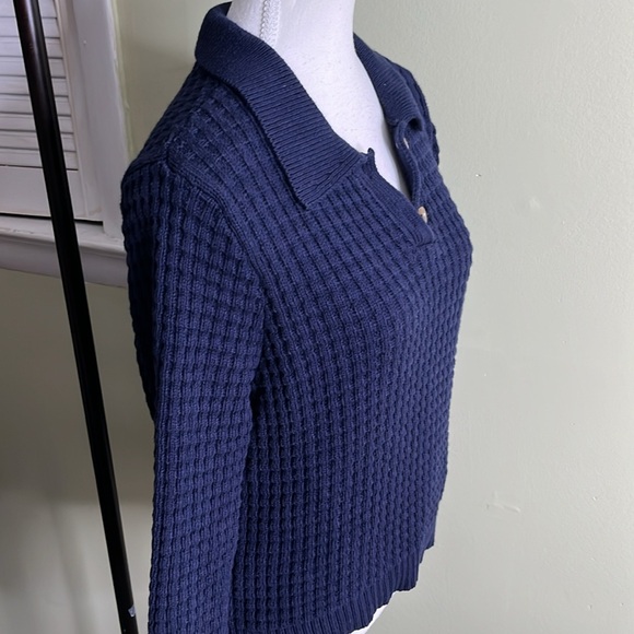 Onia chunky knit navy blue heavy Waffle Knit Shirt Polo Collar Sweater Comfy - Picture 16 of 17